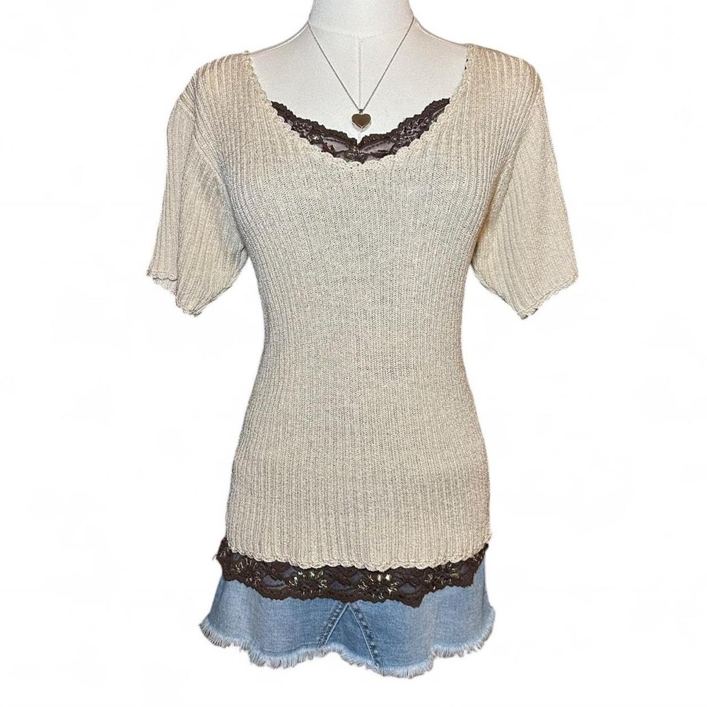 Vintage dressbarn Cream Ribbed Knit Top 60% Silk Fisherman Coastal Cottagecore